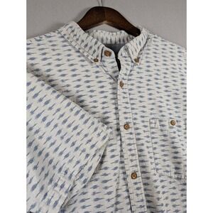 American Eagle Mens XL Slim Fit Short Sleeve Button Down Shirt Blue Ikat Pattern